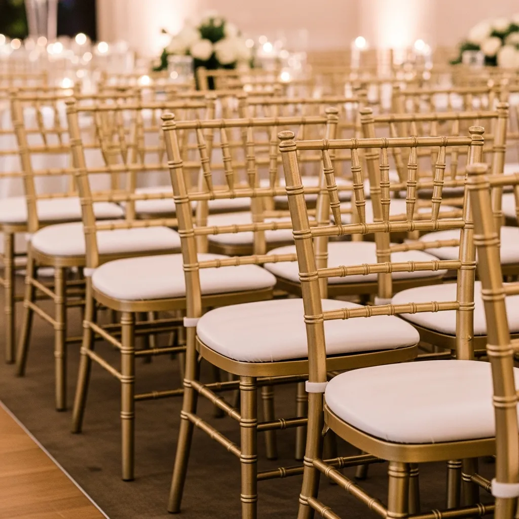 Elegant gold chiavari chairs with cushioned seats for wedding and event seating